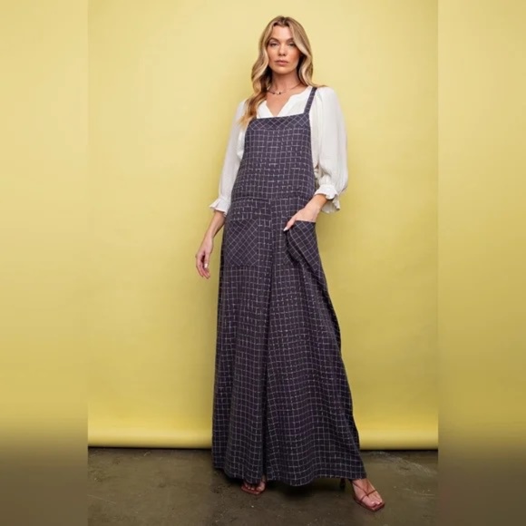 NEW EASEL WINDOWPANE CHECKBOARD PRINT SOFT WASHED TWILL JUMPSUIT PLUS SIZE 1X - Picture 2 of 5